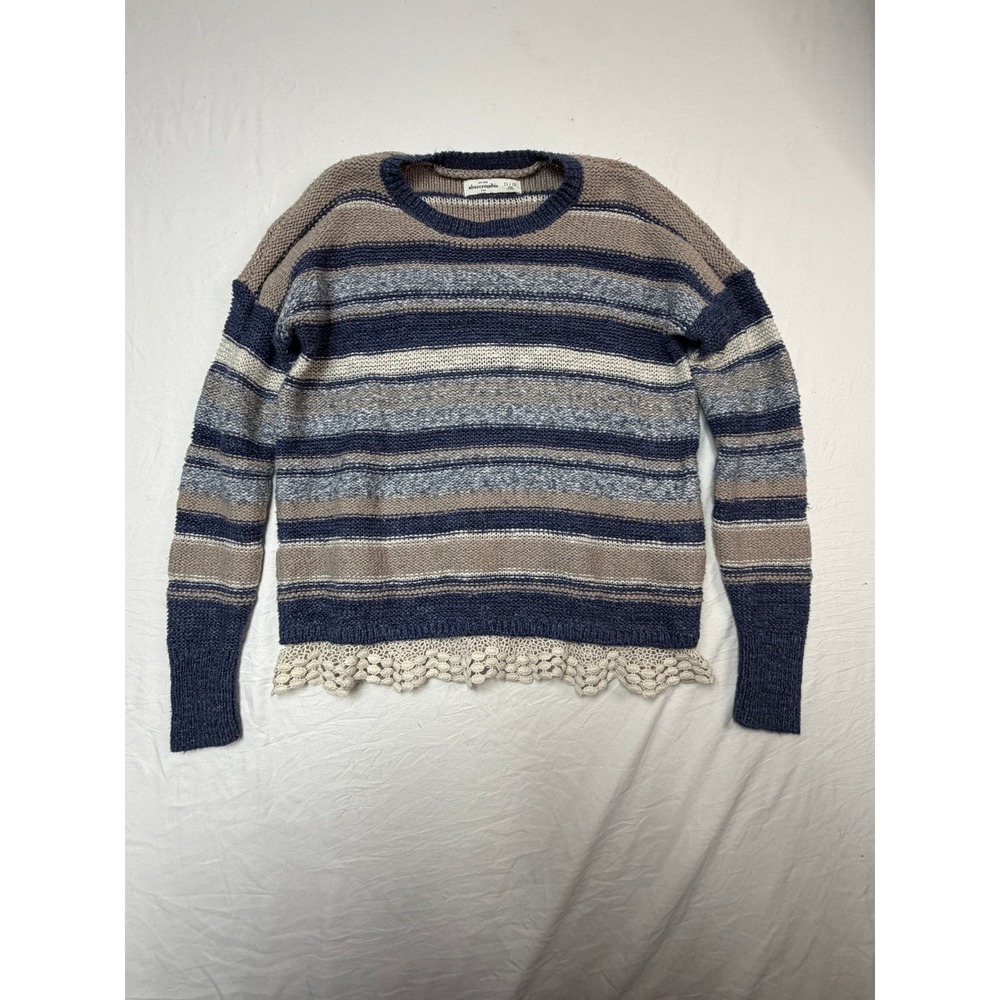 Abercrombie Kids Striped Crochet Lace Trim Knit Sweater Blue Tan Size 11/12